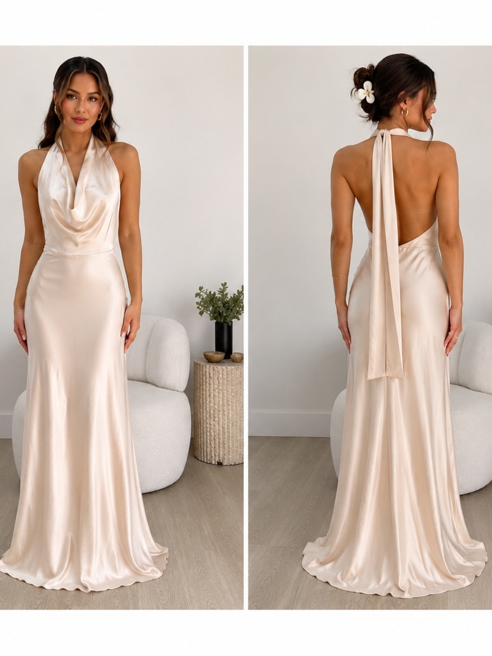 Luxxel Champagne Satin Backless Halter Gown